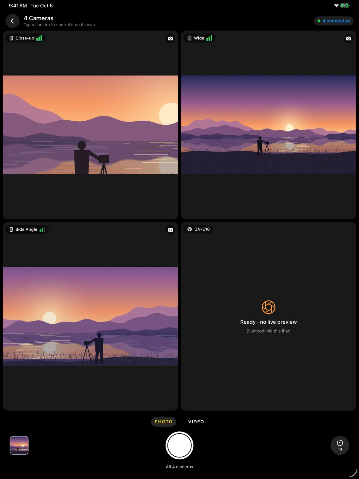 The remote on iPad with four camera tiles